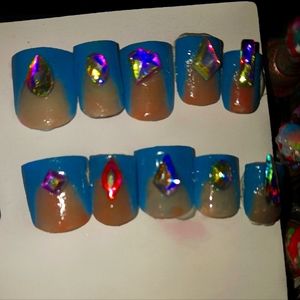 Blue French Press on Nails with Rinestones Top Coat